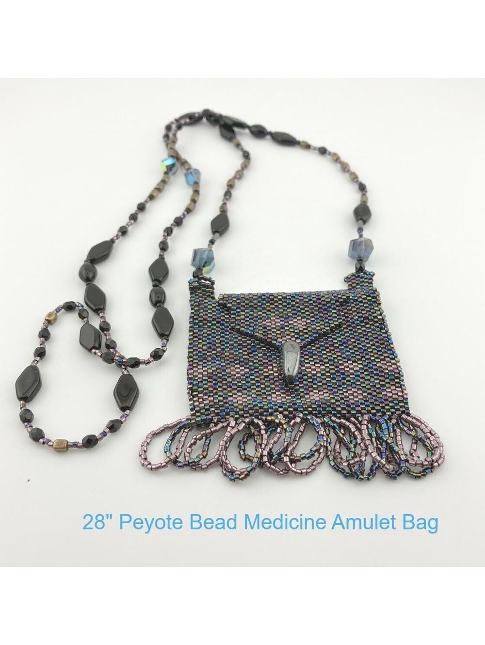 28" Peyote Bead Medicine Amulet Bag Pouch Sachet w Decorative Beaded Necklace